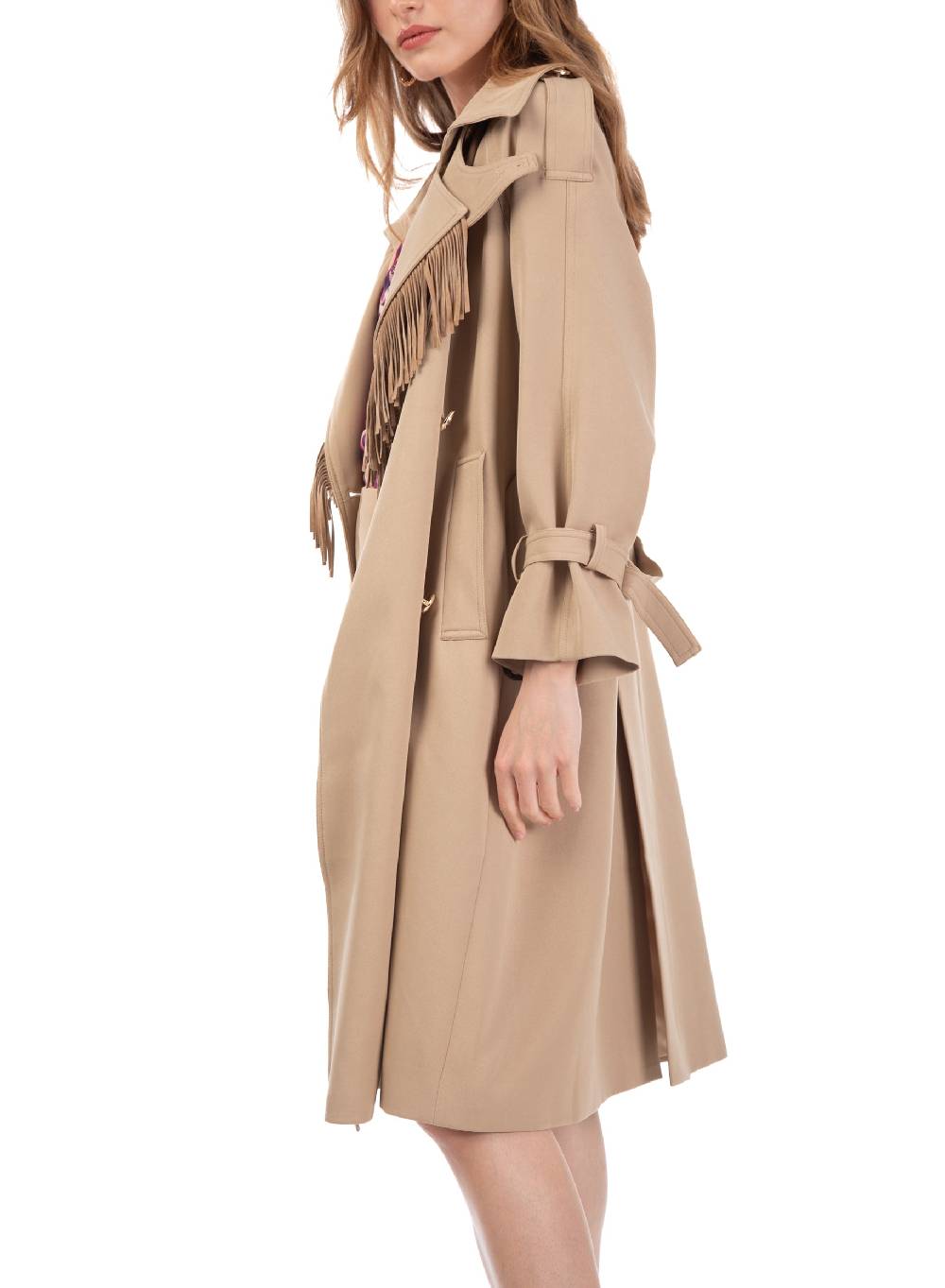 ﻿Le Volière Trench beige con frange in suede Sconto