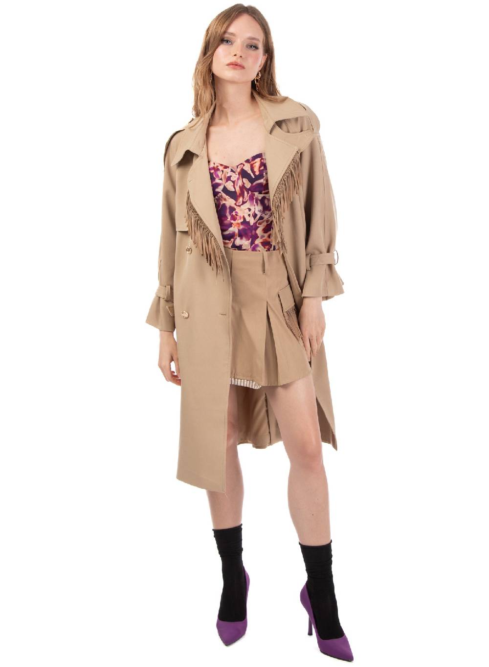 ﻿Le Volière Trench beige con frange in suede Sconto