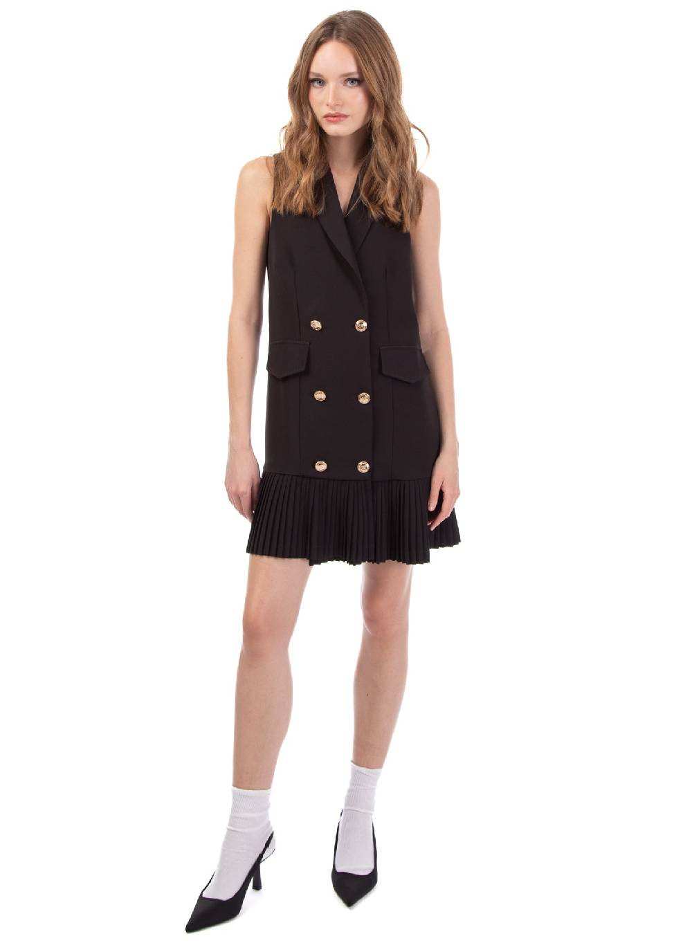 Le Volière Vestito blazer smanicato beige o nero con plissè Online