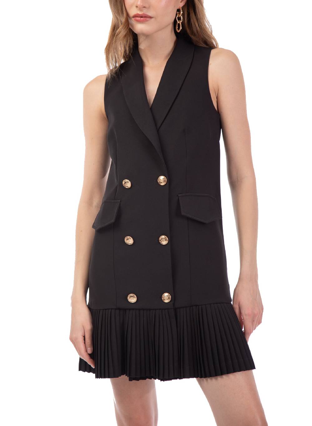 Le Volière Vestito blazer smanicato beige o nero con plissè Online