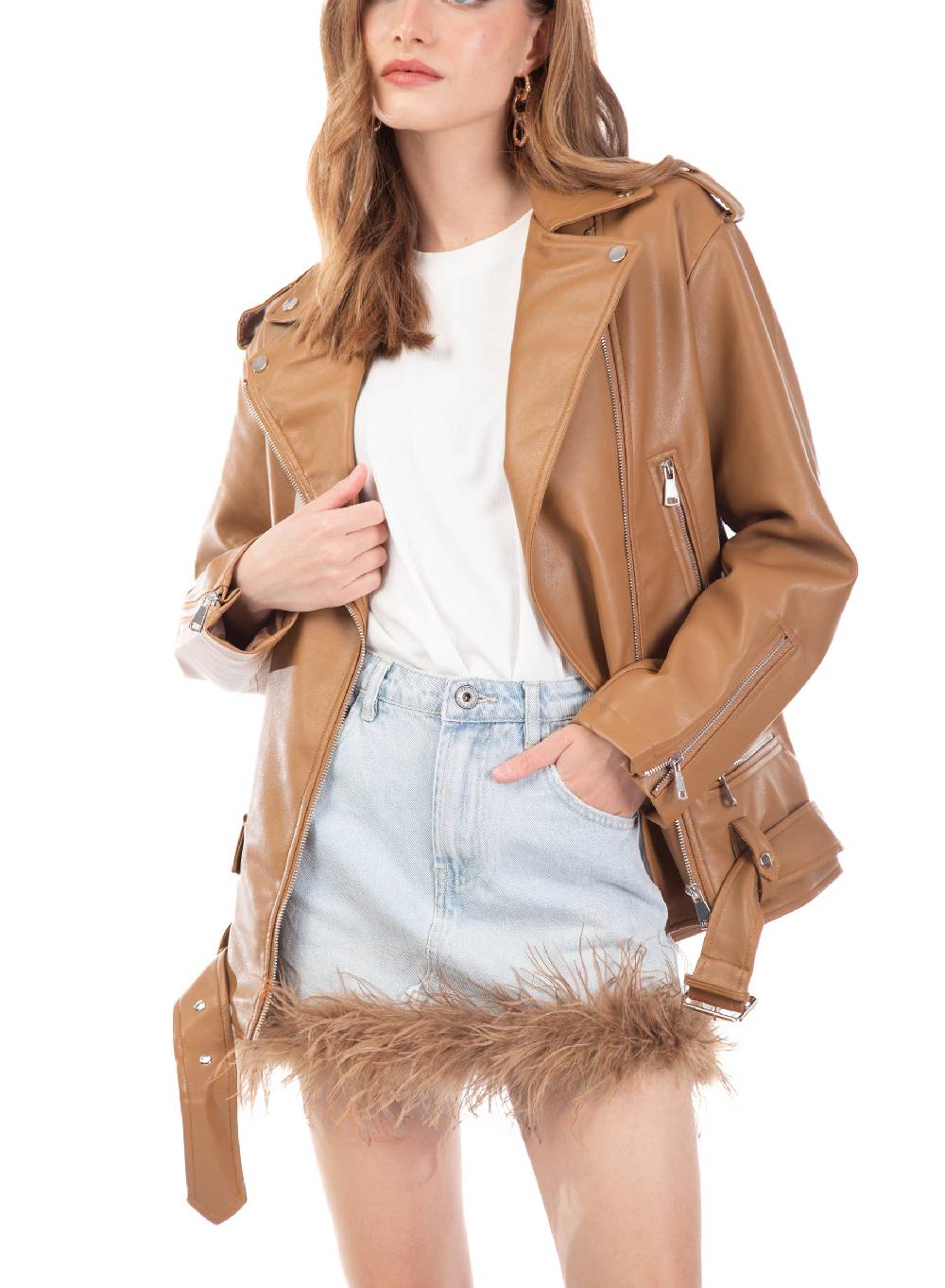 Le Volière Giacca oversize in ecopelle beige Vendita Calda