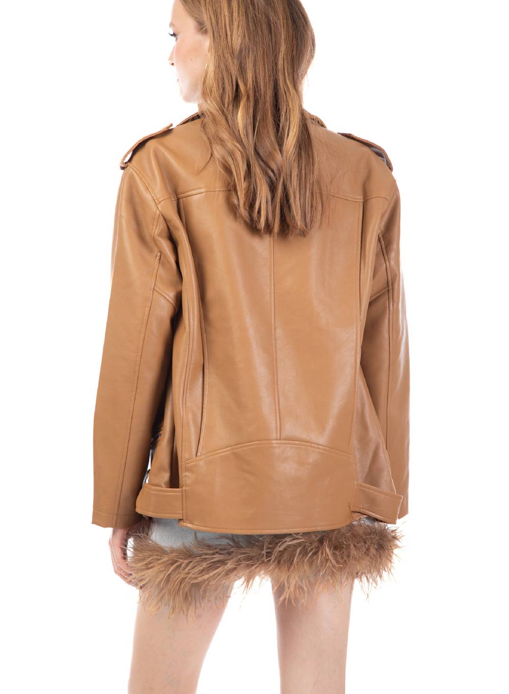 Le Volière Giacca oversize in ecopelle beige Vendita Calda