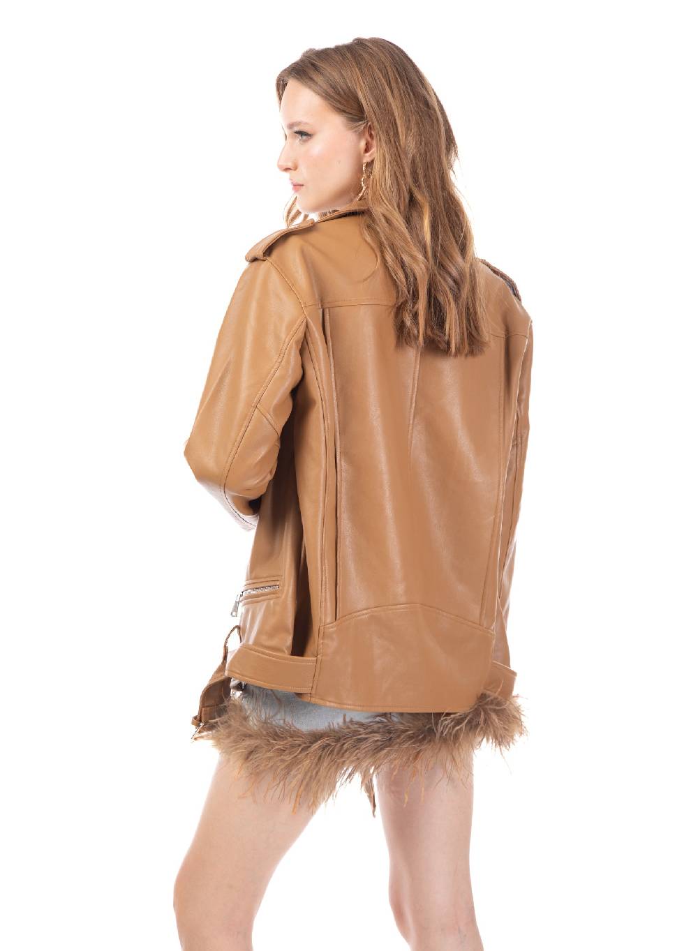 Le Volière Giacca oversize in ecopelle beige Vendita Calda