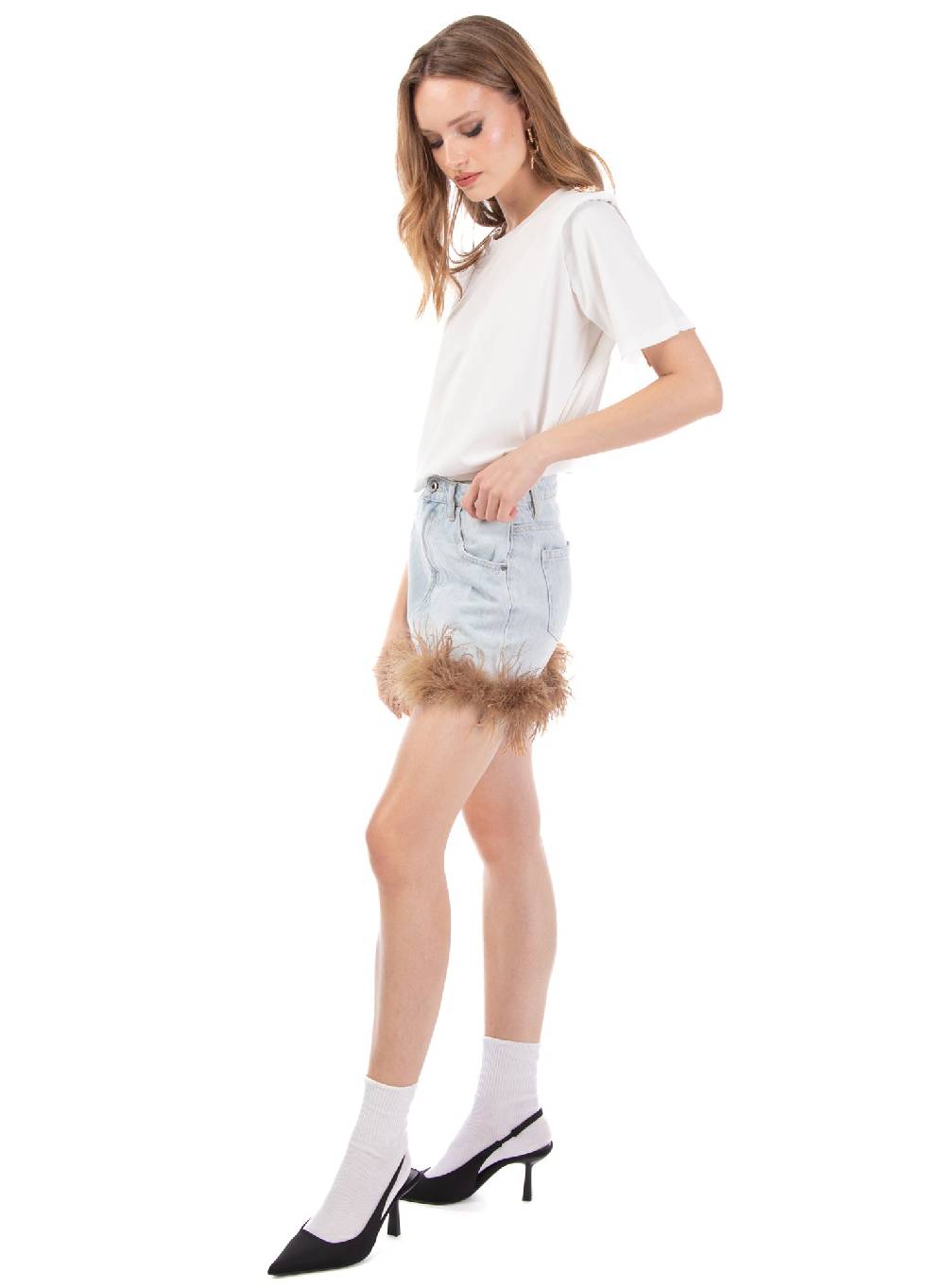 Le Volière Gonna in denim con piume beige I Più Venduti