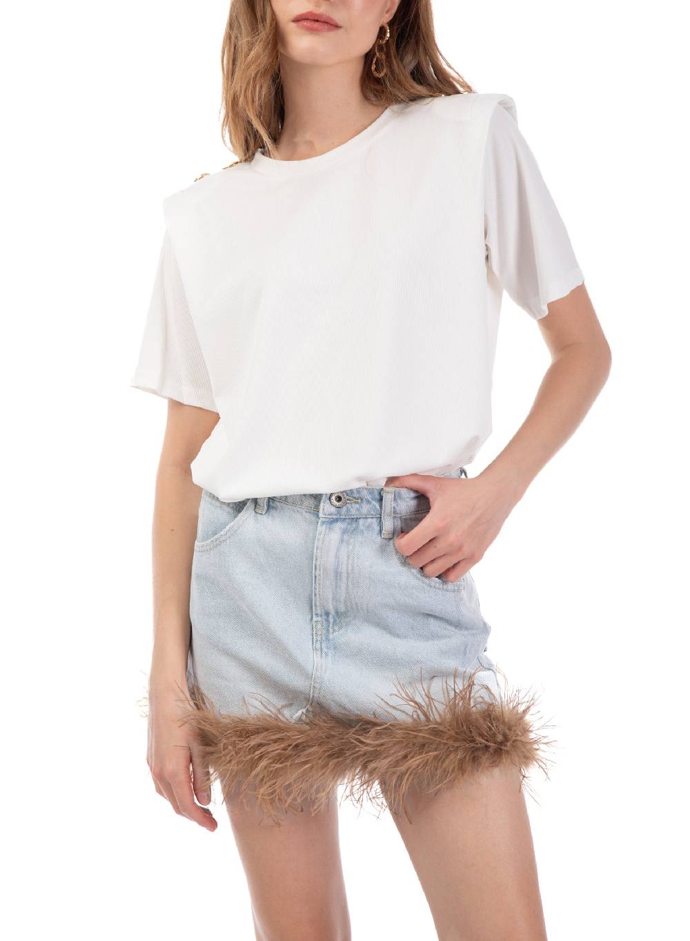 Le Volière Gonna in denim con piume beige I Più Venduti