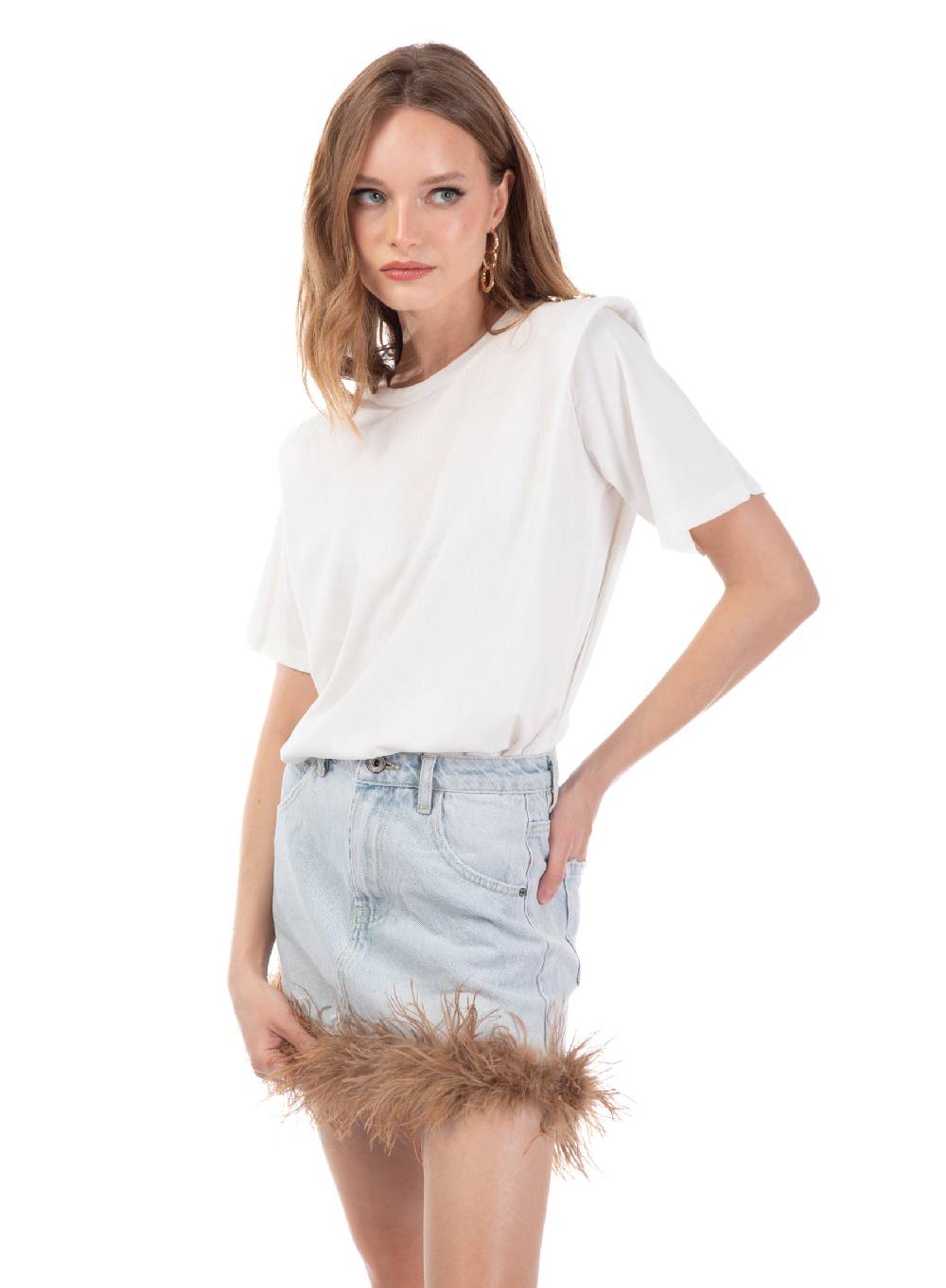 Le Volière Gonna in denim con piume beige I Più Venduti