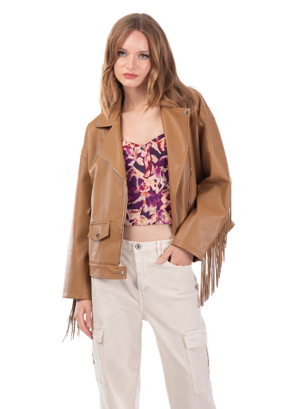Le Volière Giacca oversize con frange in ecopelle beige Negozio
