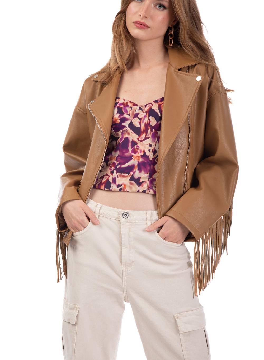 Le Volière Giacca oversize con frange in ecopelle beige Negozio