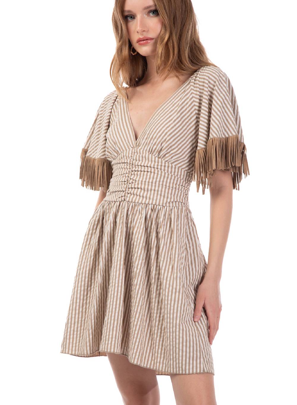 Le Volière Vestito bacchettato beige con frange In Saldo