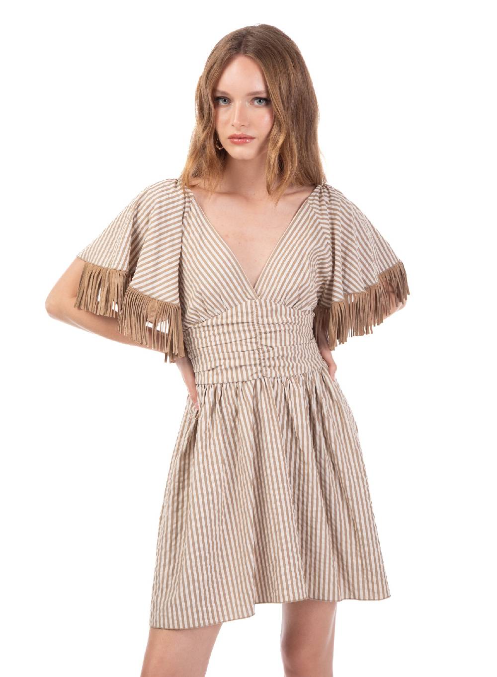 Le Volière Vestito bacchettato beige con frange In Saldo