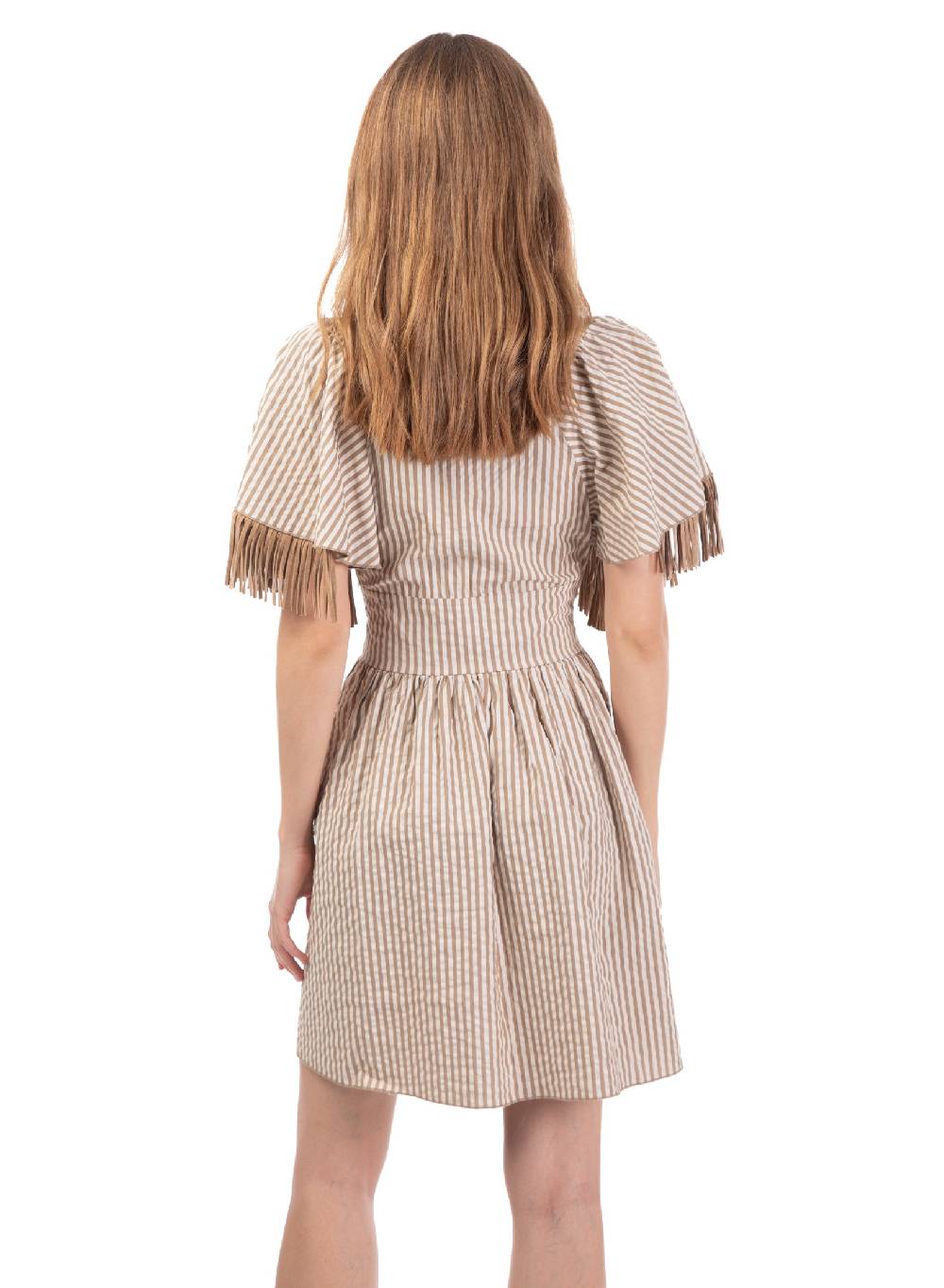Le Volière Vestito bacchettato beige con frange In Saldo