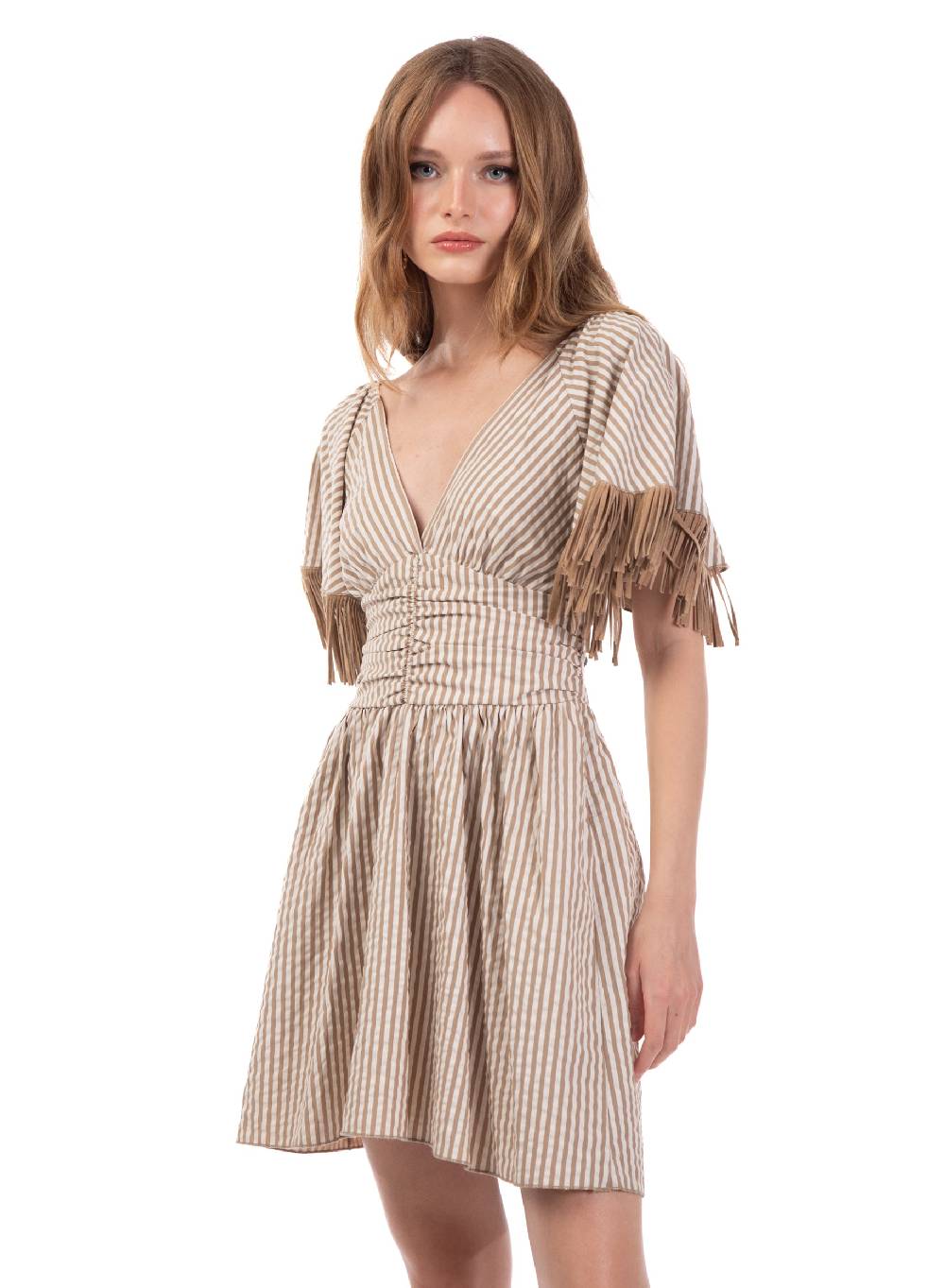 Le Volière Vestito bacchettato beige con frange In Saldo
