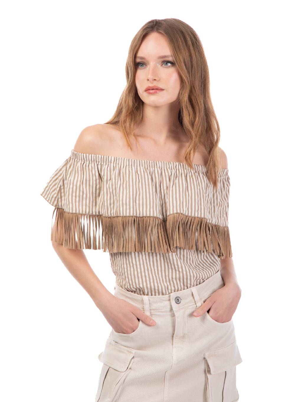 Le Volière Top bacchettato beige con frange Moda