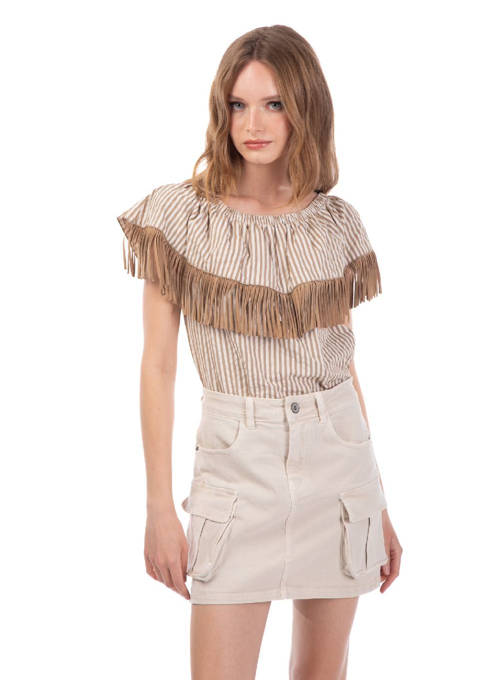 Le Volière Top bacchettato beige con frange Moda