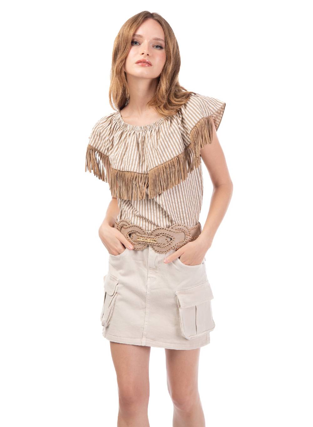 Le Volière Top bacchettato beige con frange Moda