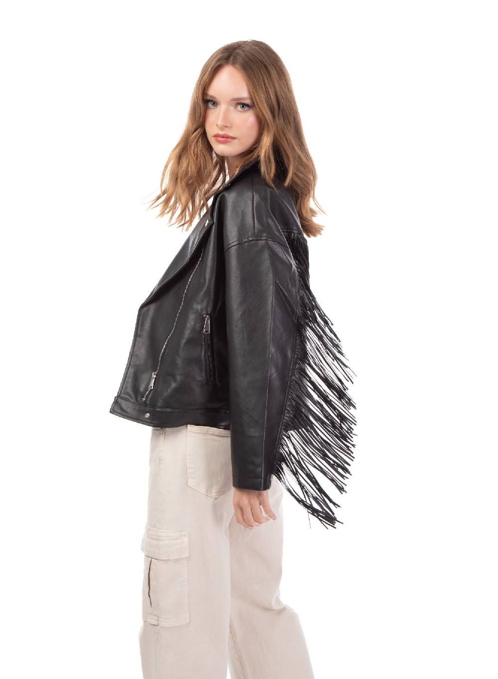Le Volière Giacca oversize in ecopelle nera con frange Sconto di tempo limitato