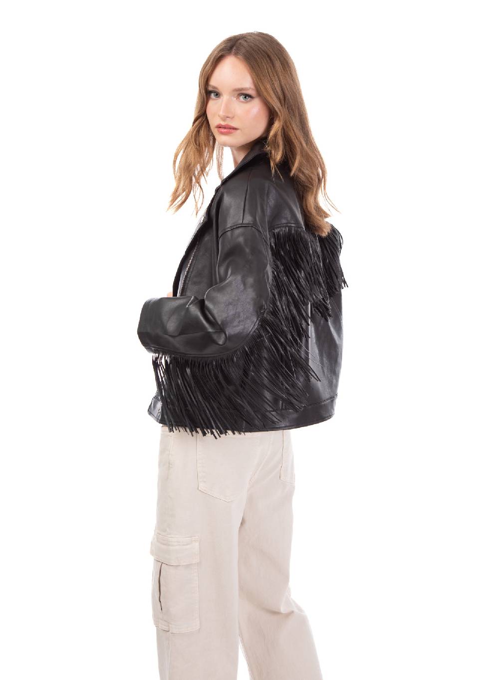 Le Volière Giacca oversize in ecopelle nera con frange Sconto di tempo limitato