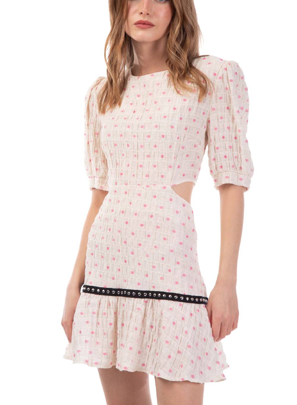 Le Volière Vestito crepon avorio con pois rosa Prezzo di fabbrica