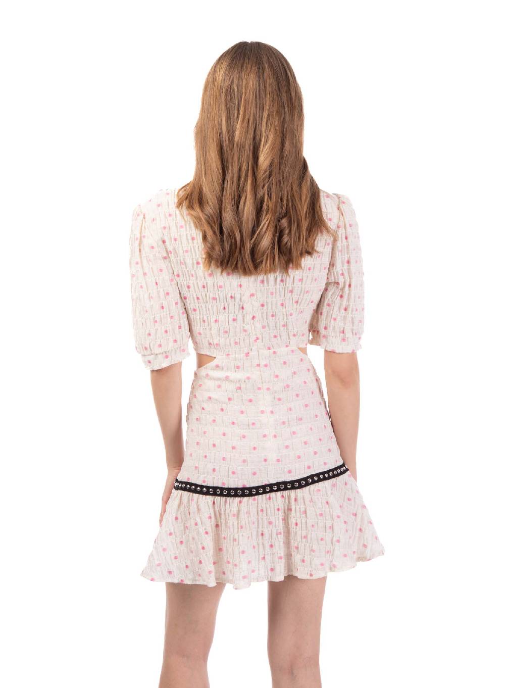Le Volière Vestito crepon avorio con pois rosa Prezzo di fabbrica