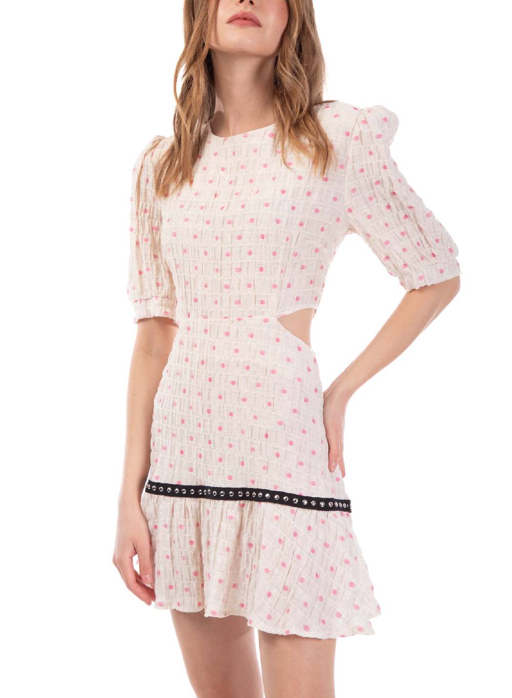 Le Volière Vestito crepon avorio con pois rosa Prezzo di fabbrica