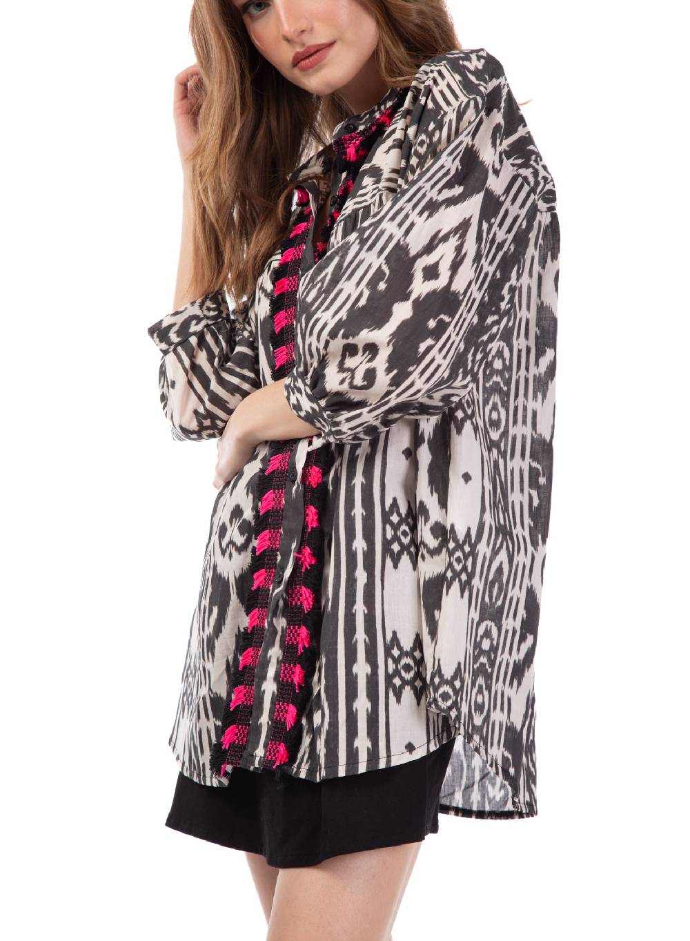Le Volière Camicia oversize etnica con frange Shopping online