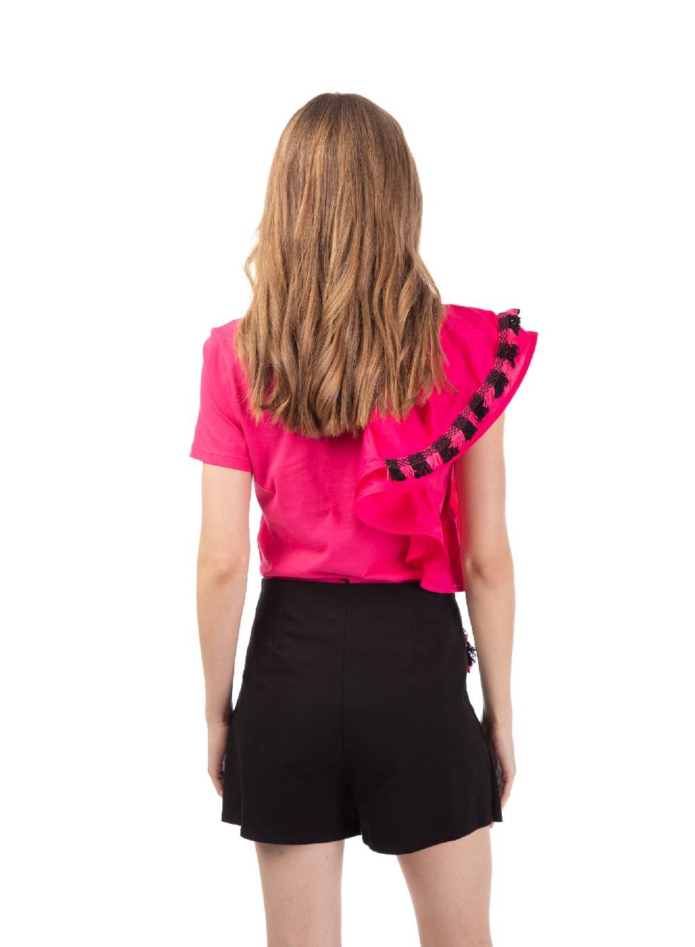 Le Volière T-shirt fucsia con volant e frange Black Friday