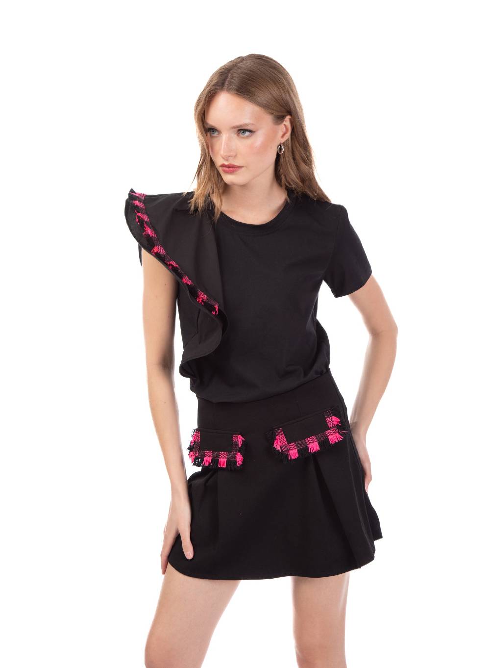 Le Volière T-shirt nera con volant e frange Offerta natalizia
