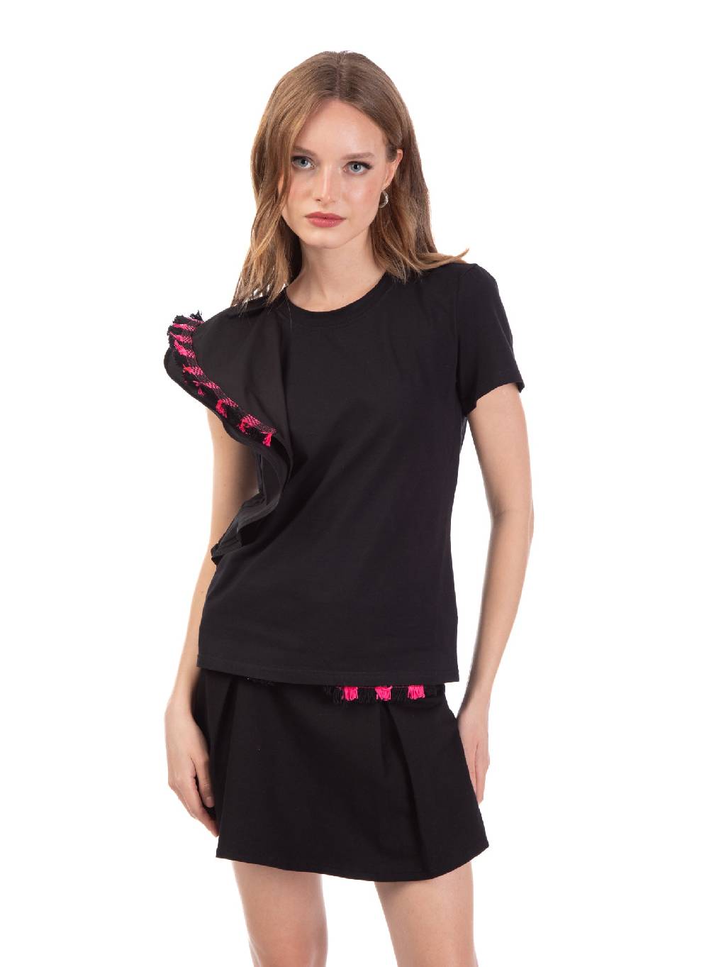 Le Volière T-shirt nera con volant e frange Offerta natalizia
