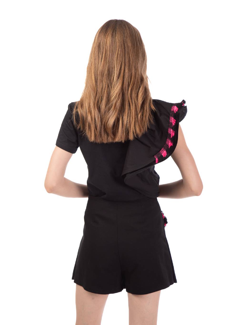 Le Volière T-shirt nera con volant e frange Offerta natalizia