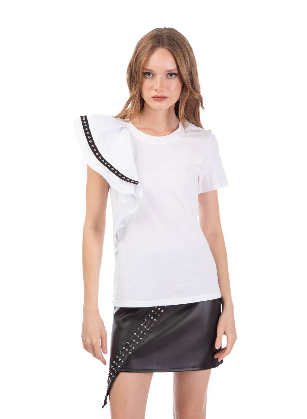 Le Volière T-shirt bianca con volant e borchie Offerta San Valentino