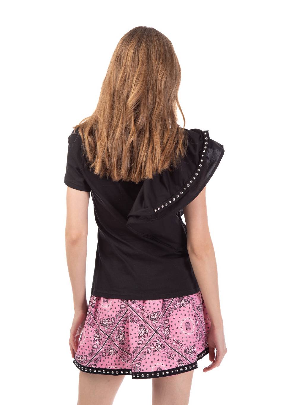 Le Volière T-shirt nera con volant e borchie Smaltimento dello stoccaggio