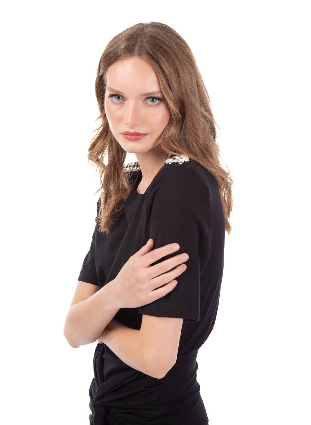 Le Volière Vestito in jersey nero con strass Offerte esclusive