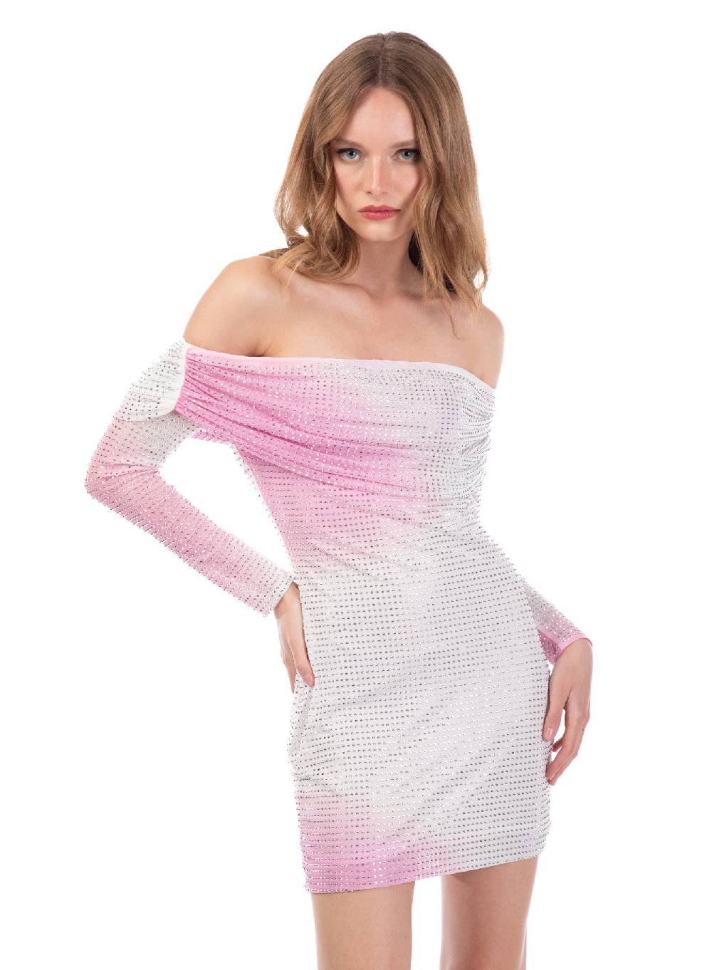 Le Volière Vestito bianco e rosa con strass argento Prezzo basso