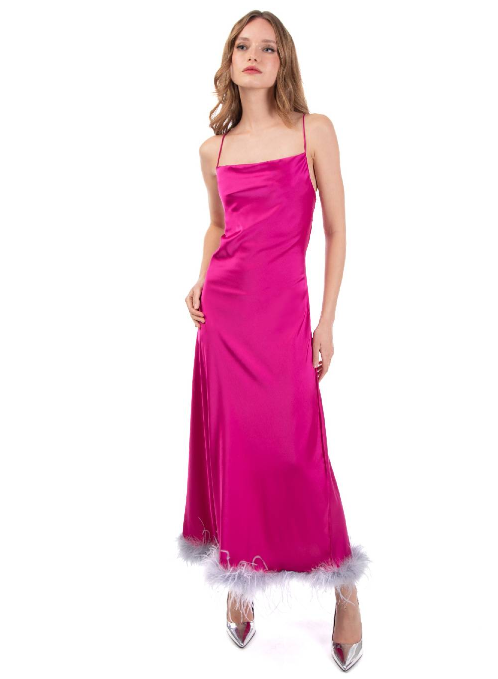 Le Volière Vestito slip dress lungo fucsia con piume ACQUISTA ORA