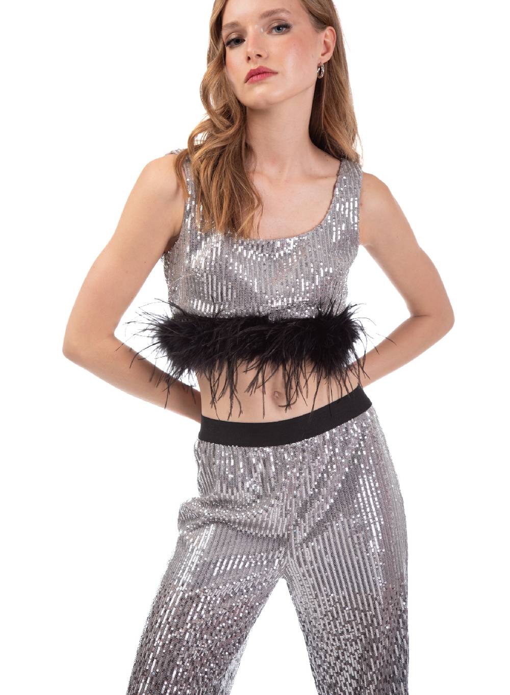 Le Volière Pantalone di paillettes argento degradè Ultimi due giorni