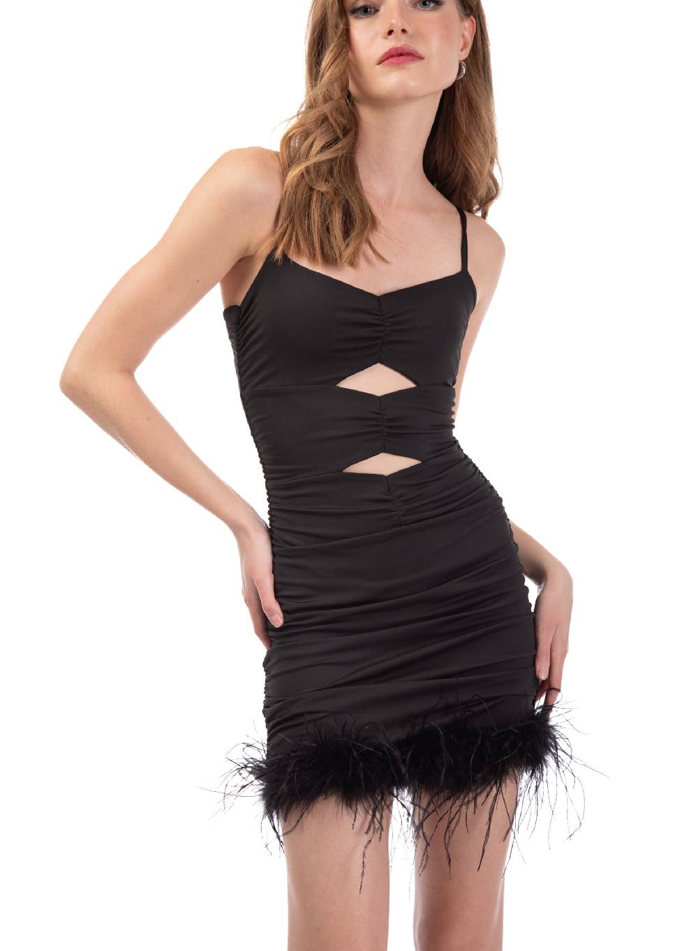 Le Volière Vestito elasticizzato nero con piume Fino al 65% di sconto