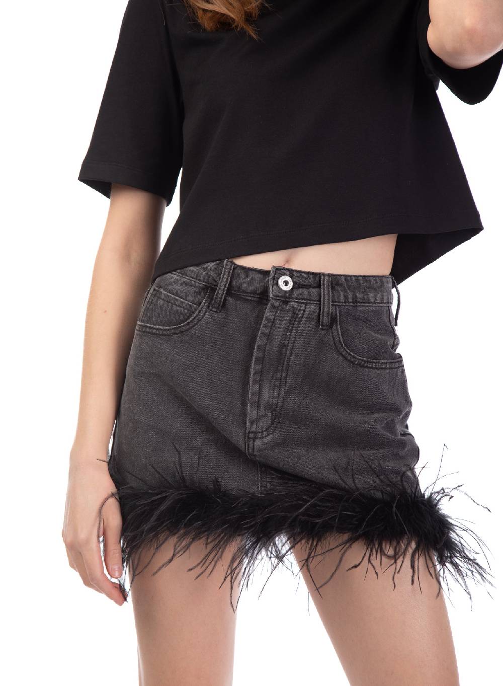 Le Volière gonna in denim grigia con piume Only for today