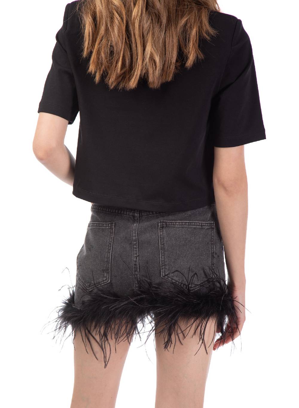 Le Volière gonna in denim grigia con piume Only for today