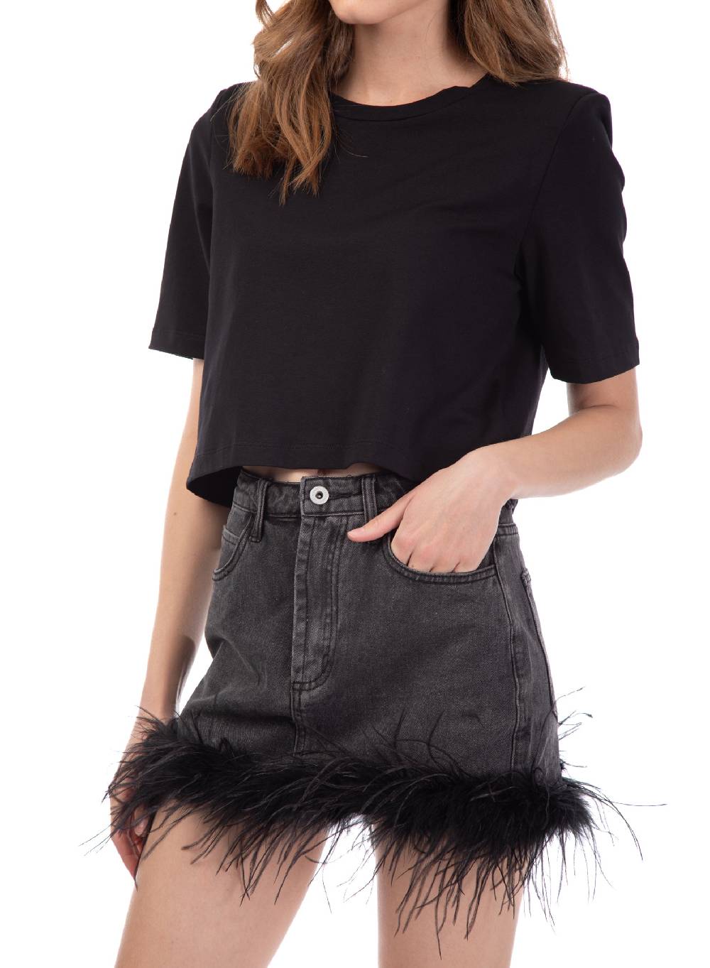 Le Volière gonna in denim grigia con piume Only for today