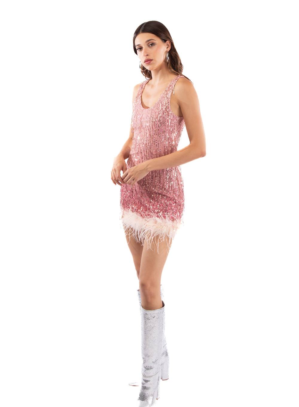 Le Volière DAISY Vestito rosa di paillettes con piume Solo un giorno rimasto