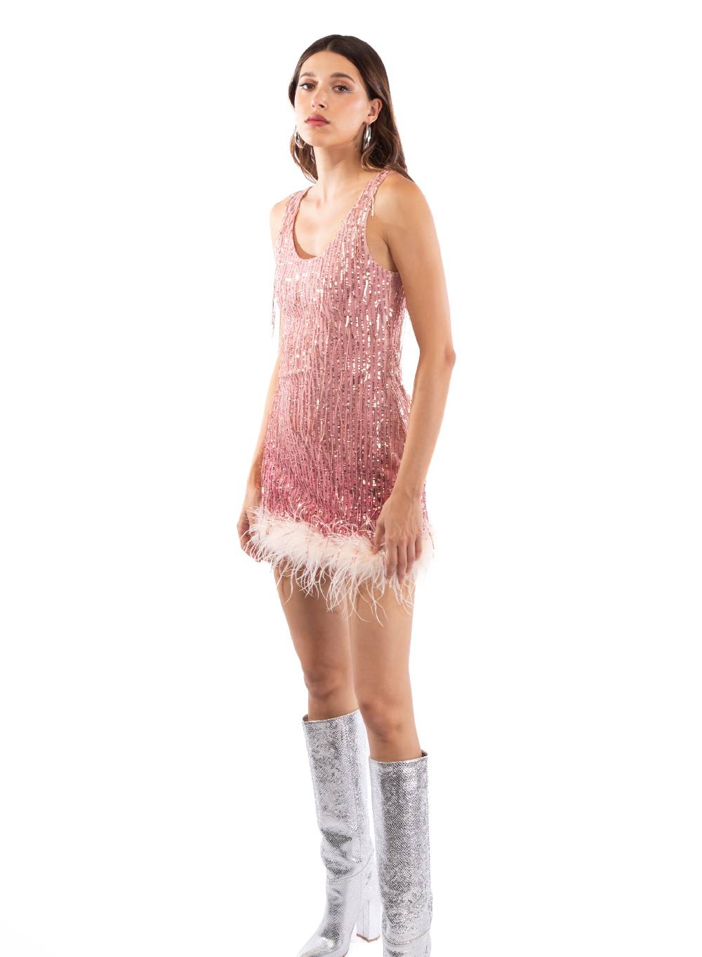 Le Volière DAISY Vestito rosa di paillettes con piume Solo un giorno rimasto