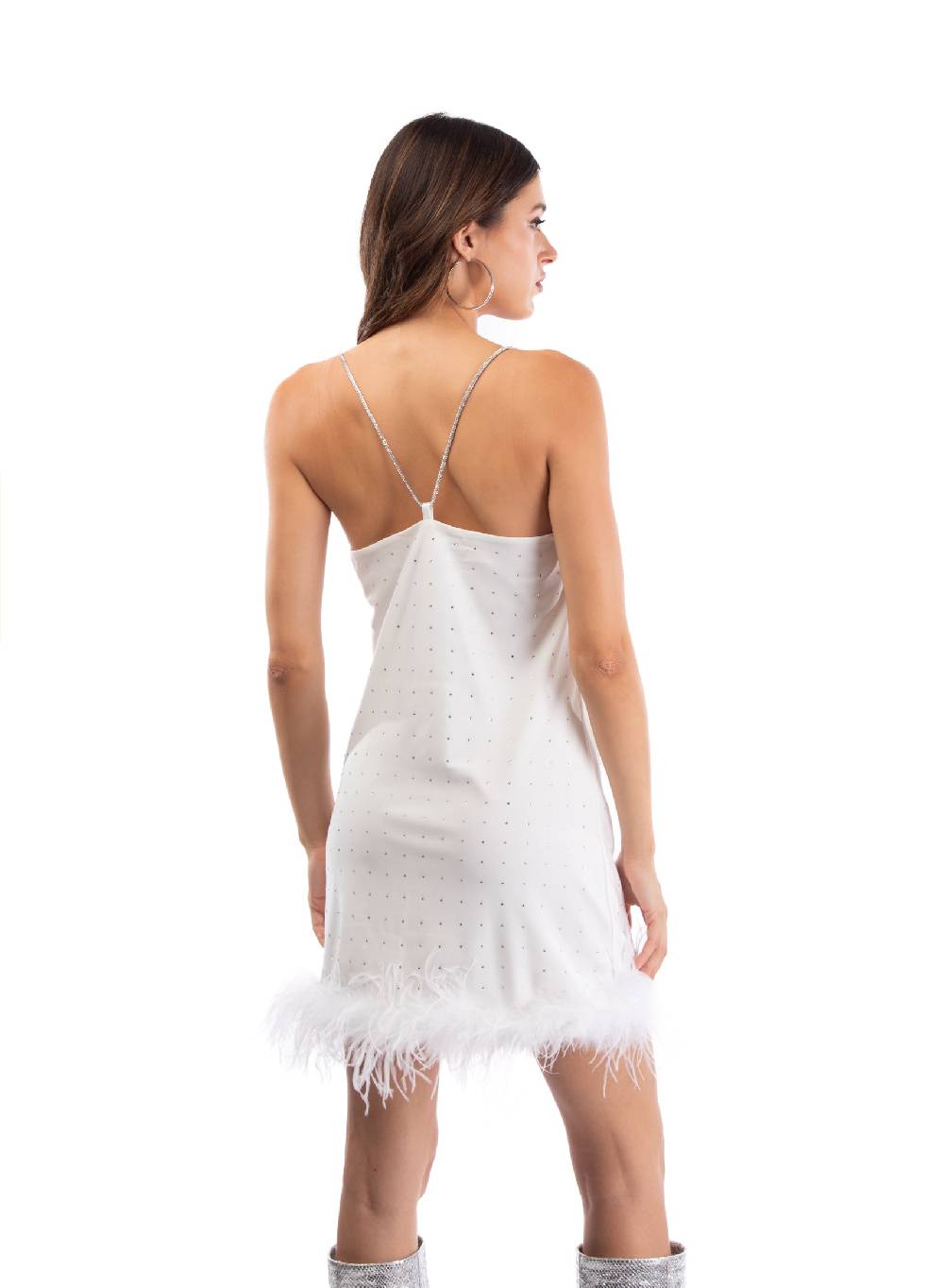 Le Volière LAUREN Vestito bianco con strass e piume bianche Super sconto