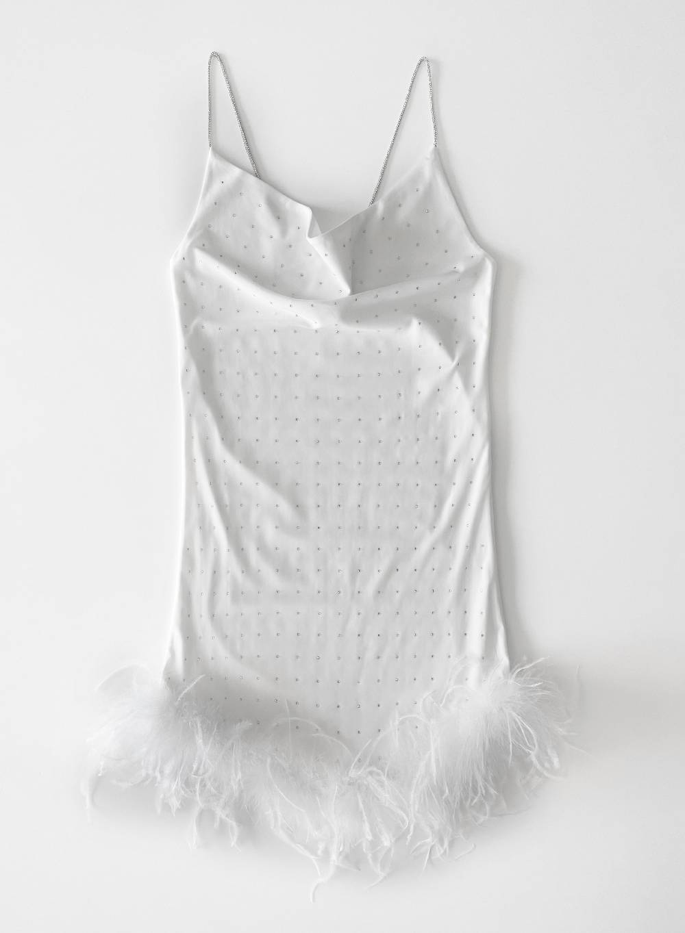 Le Volière LAUREN Vestito bianco con strass e piume bianche Super sconto