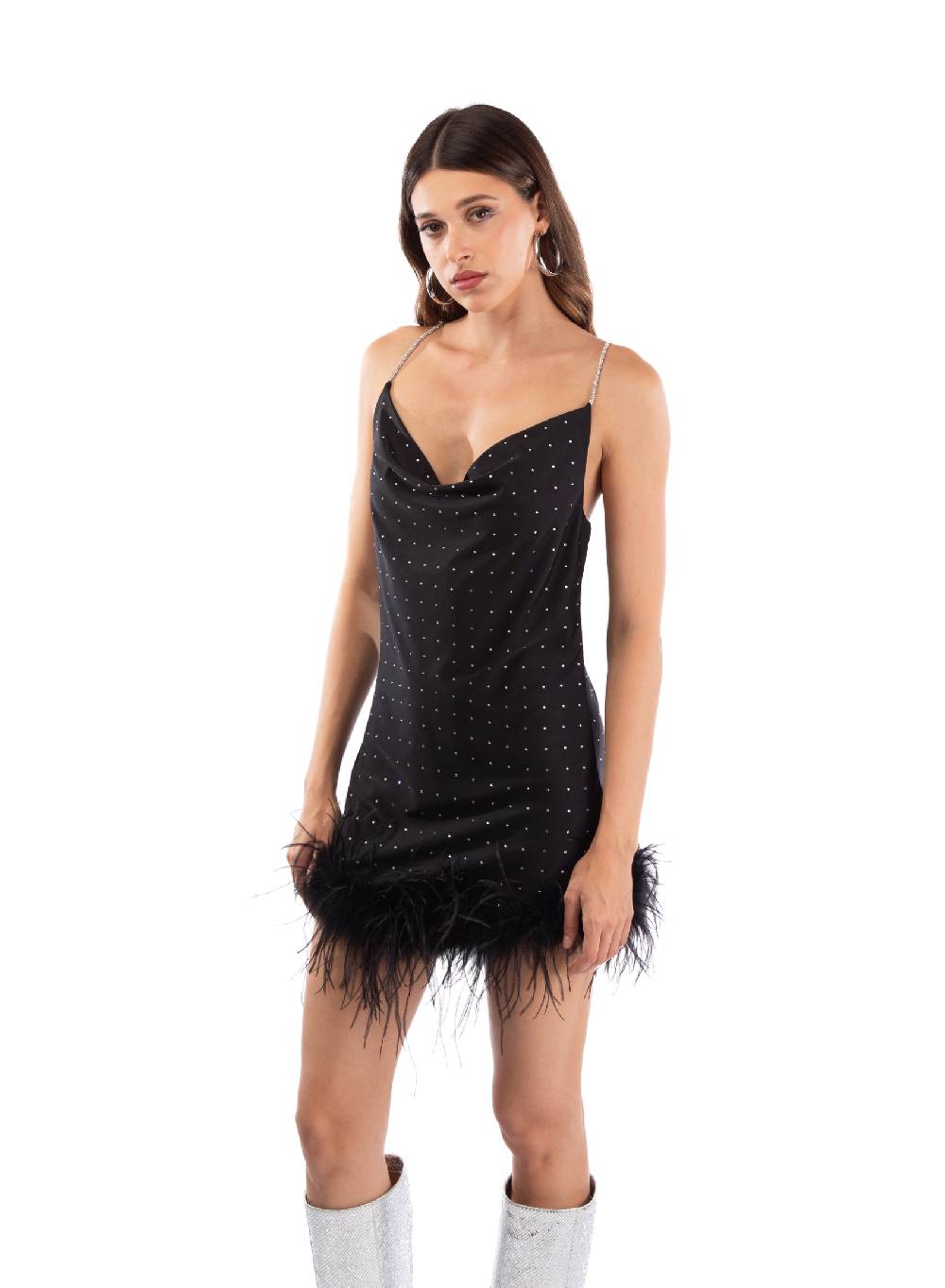 Le Volière LAUREN Vestito nero con strass e piume nere 50% di sconto con spedizione gratuita