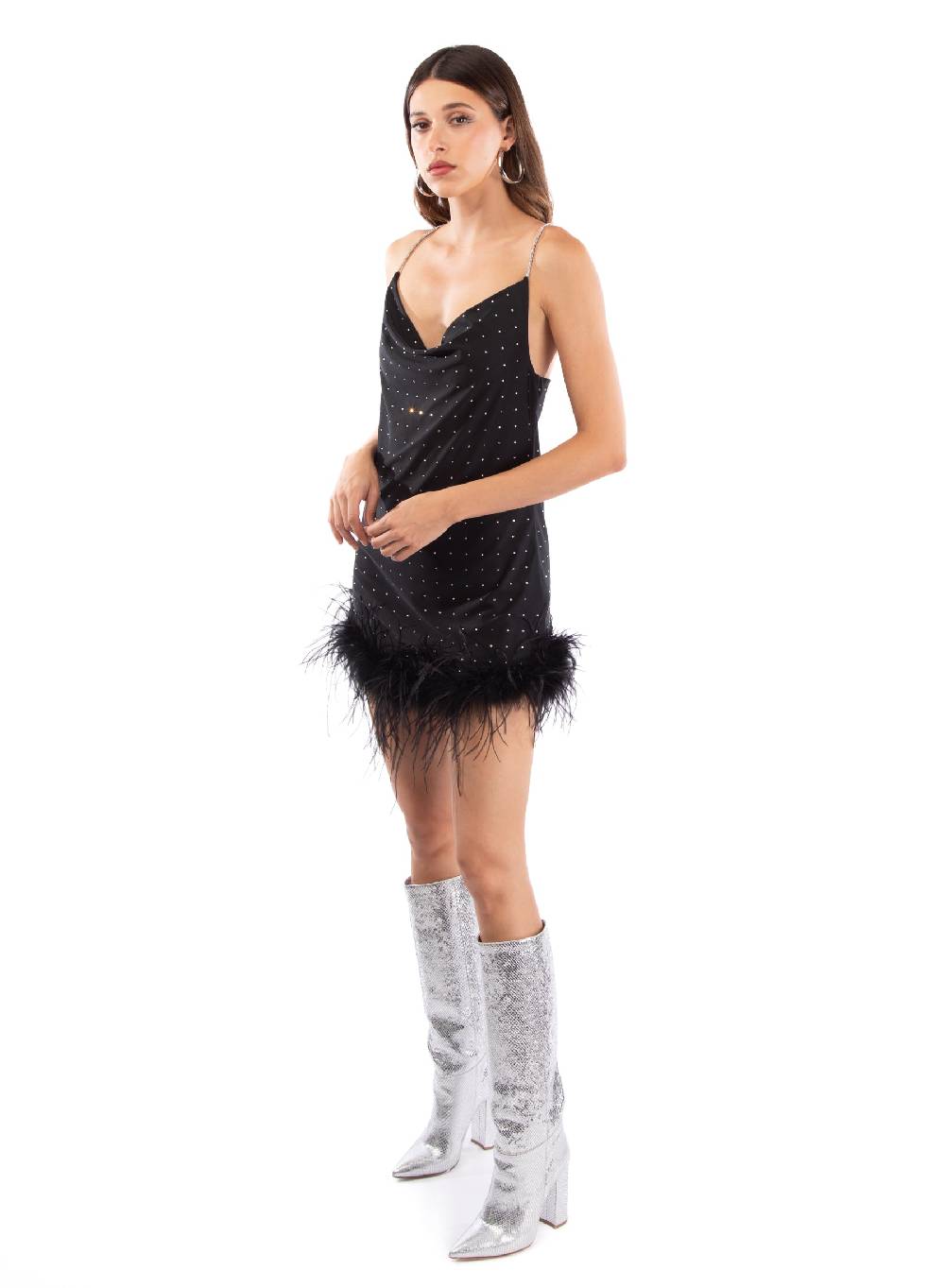 Le Volière LAUREN Vestito nero con strass e piume nere 50% di sconto con spedizione gratuita