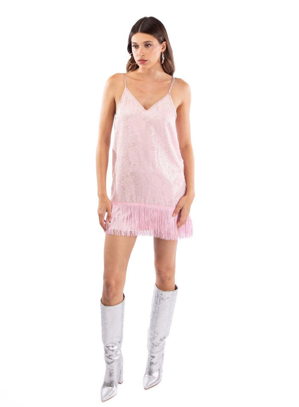 Le Volière MADISON Vestito rosa di paillettes con frange Trasporto libero internazionale
