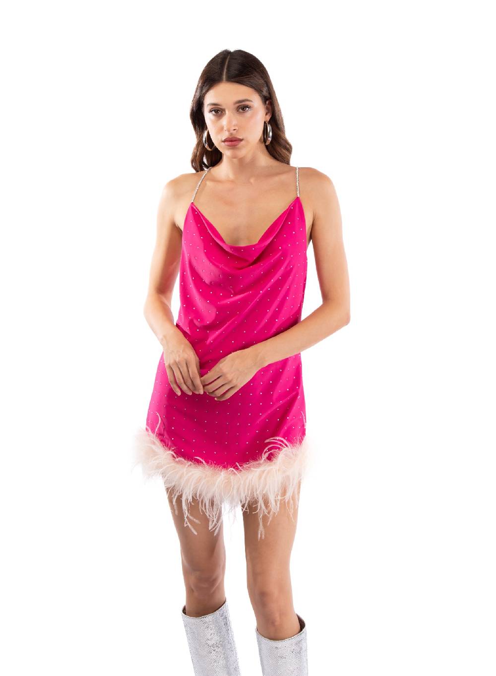 Le Volière LAUREN Vestito fucsia con strass e piume rosa Esporta salva