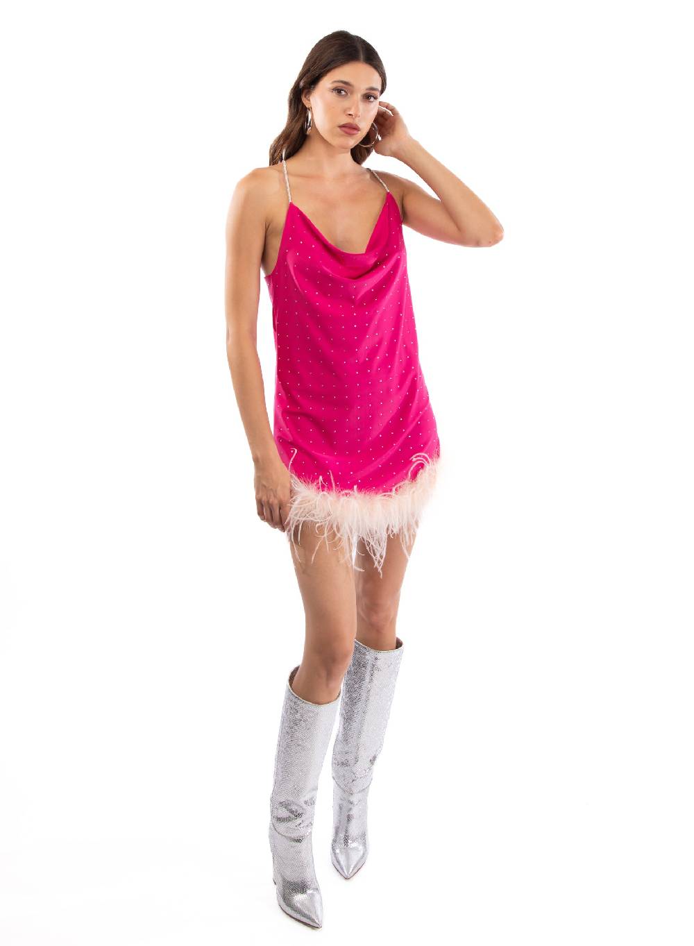 Le Volière LAUREN Vestito fucsia con strass e piume rosa Esporta salva