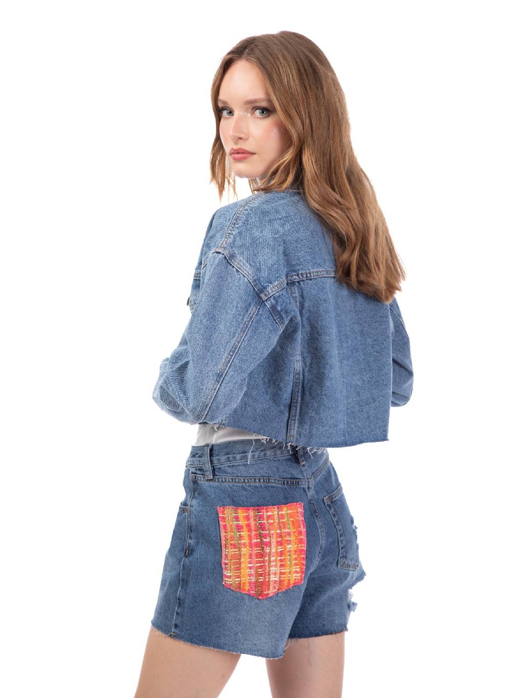 Le Volière Giacca in denim con dettaglio tasca in tweed In Linea