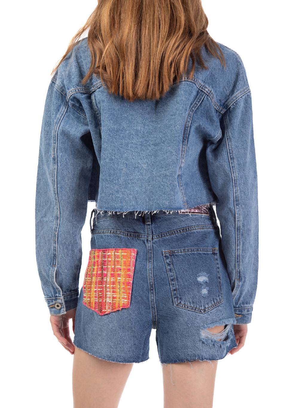 Le Volière Giacca in denim con dettaglio tasca in tweed In Linea